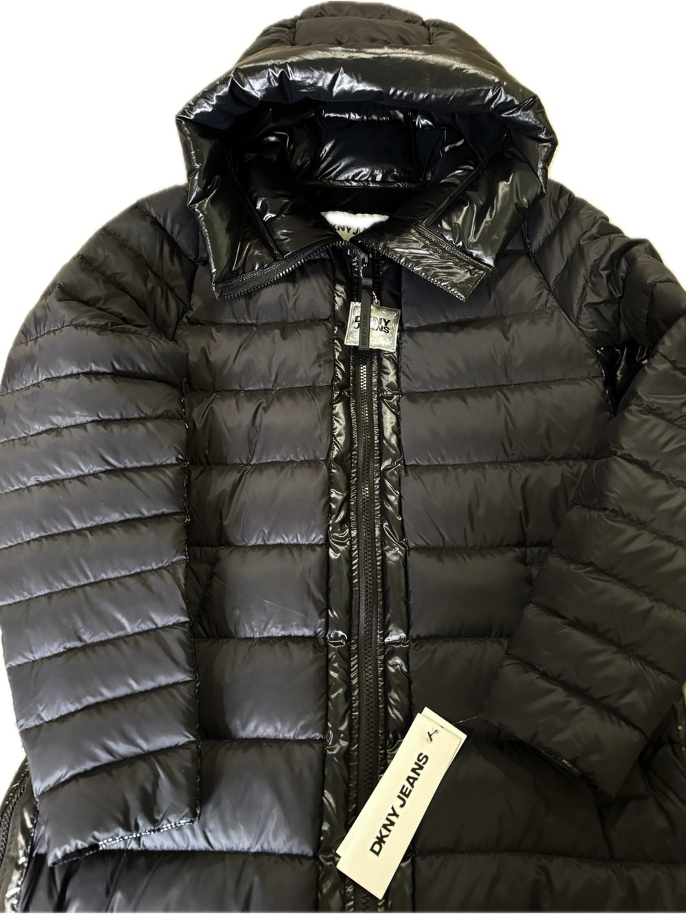 NWT DKNY Jeans Long Hooded Puffer Coat Black S - Picture 9 of 14